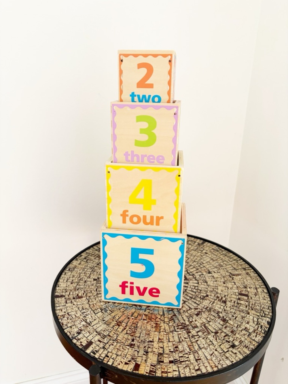 Hape pyramid of play wooden stacking number blocks boxes